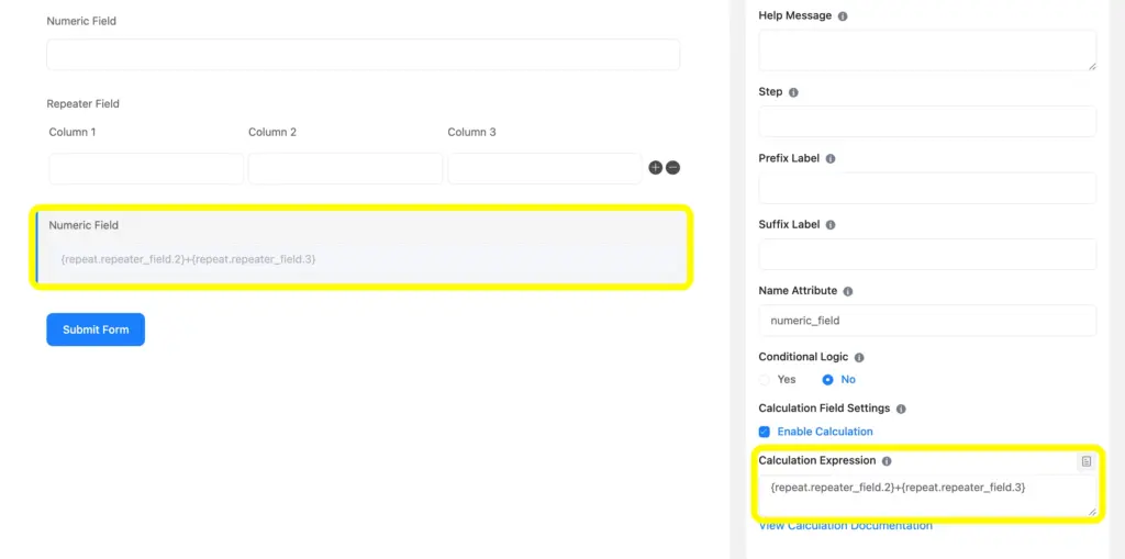 Add a numeric field below the repeat input field to make the calculation work.