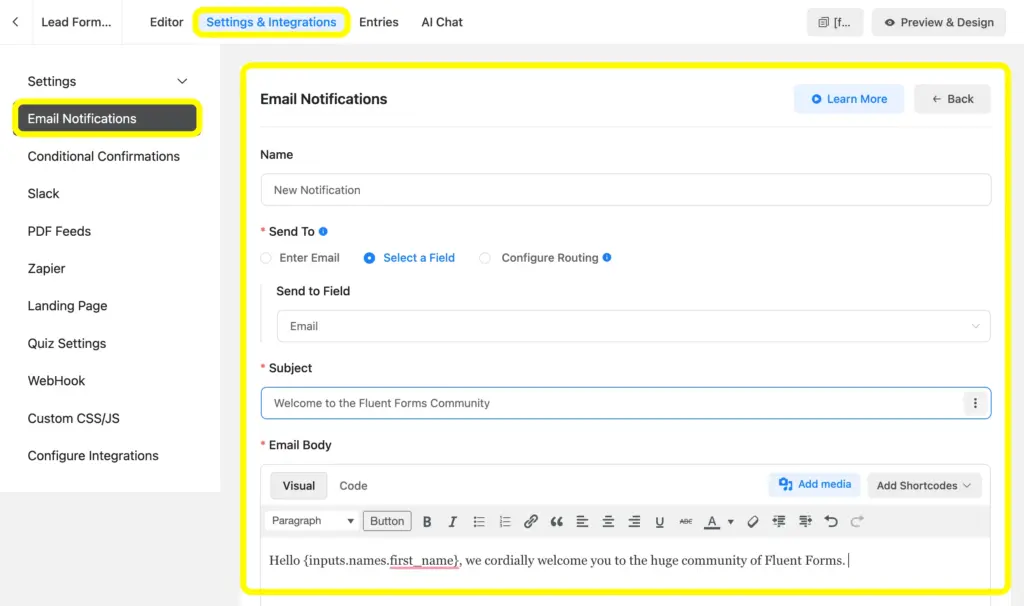 Use the settings and integrations of Fluent Forms and send custom email notifications to the users.