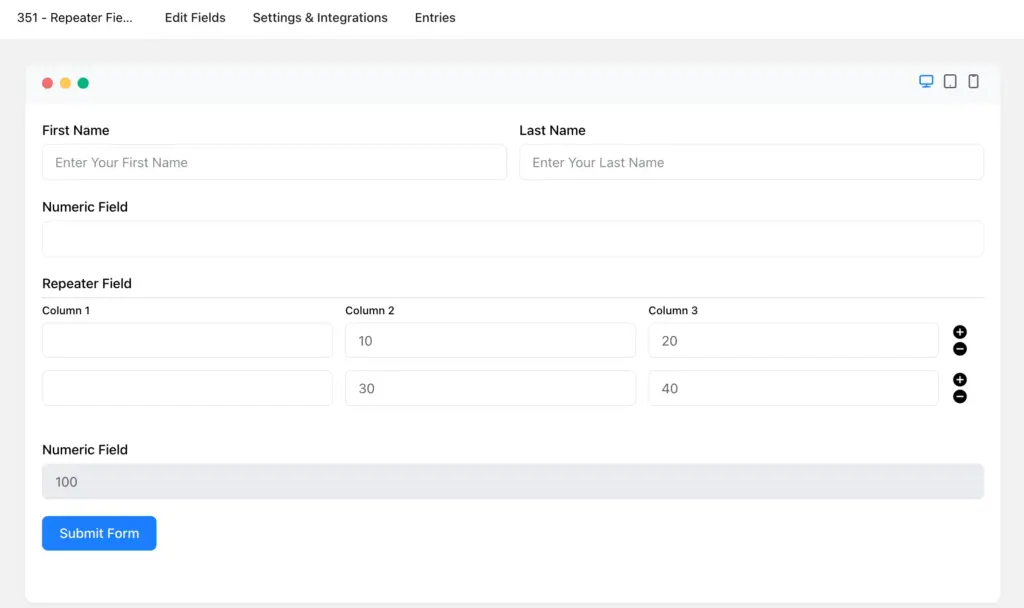 Preview of a Fluent Forms form that includes repeater field.