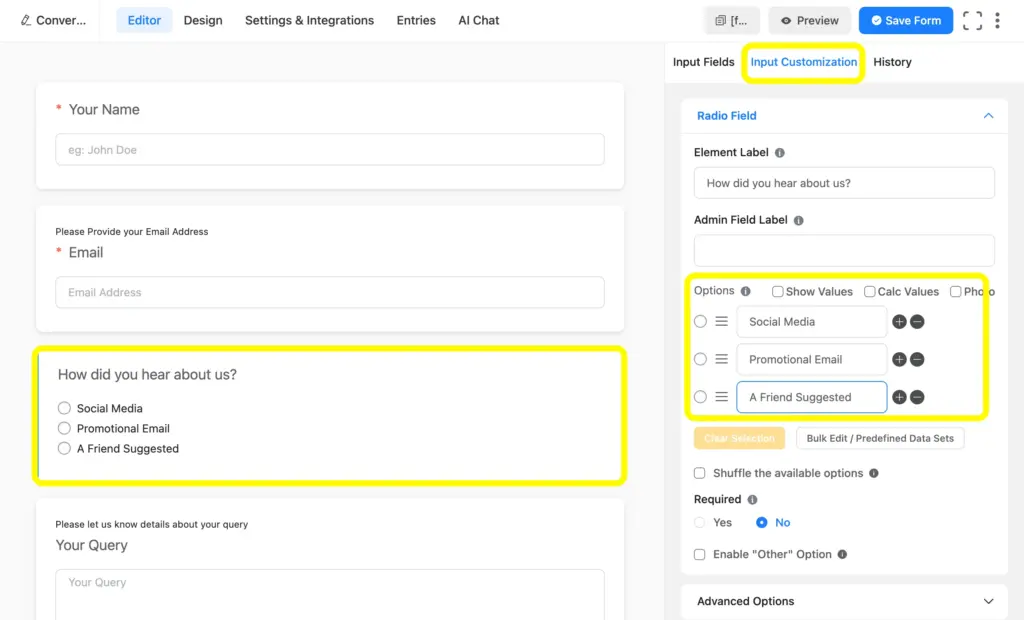 Effortlessly customize the conversational form fields in Fluent Forms.