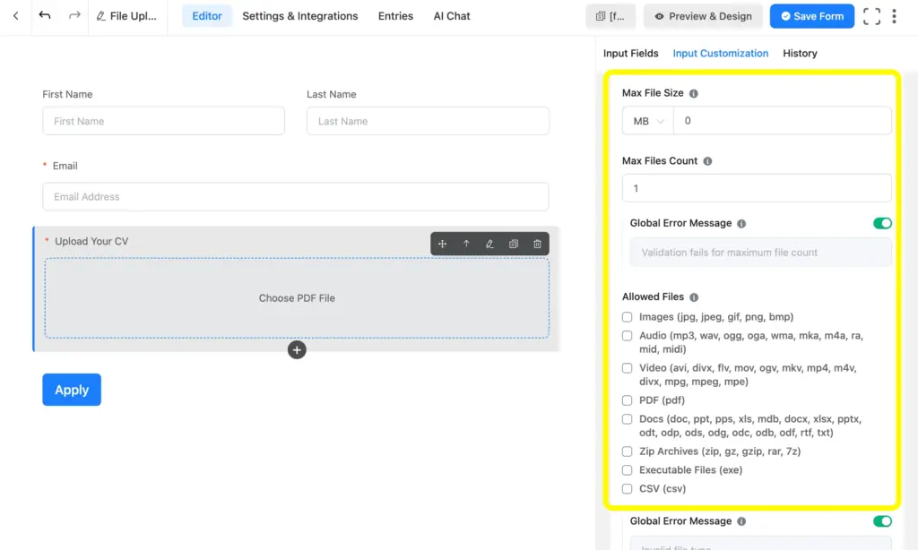 Use Fluent Forms file upload field with more customization and acceessibilities.