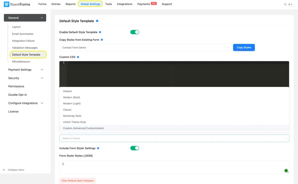 Set Fluent Forms default style template
