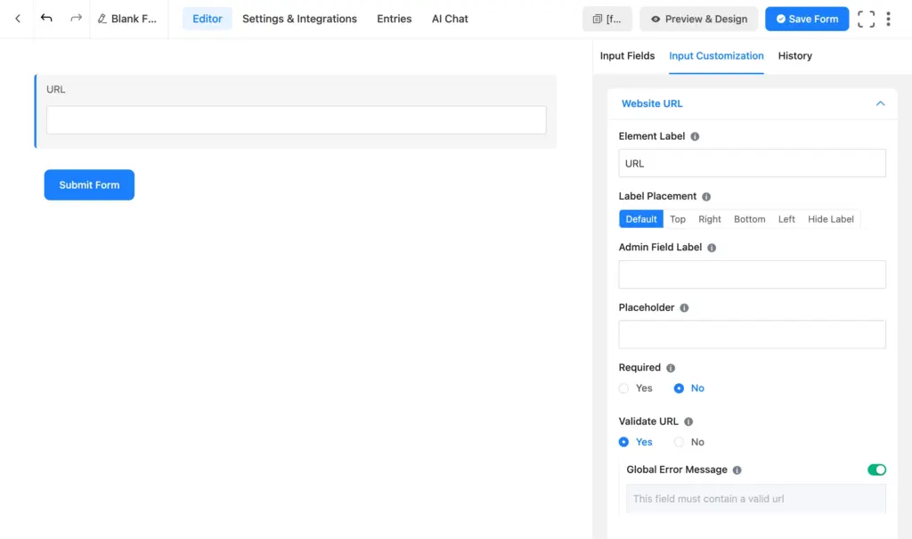 Fluent Forms Website URL field's Validate URL toggle