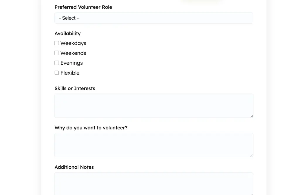Fluent Forms volunteer sign up form screenshot