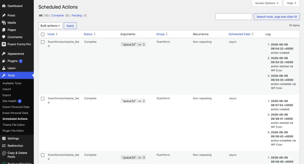 check WordPr4ess scheduled actions from tools
