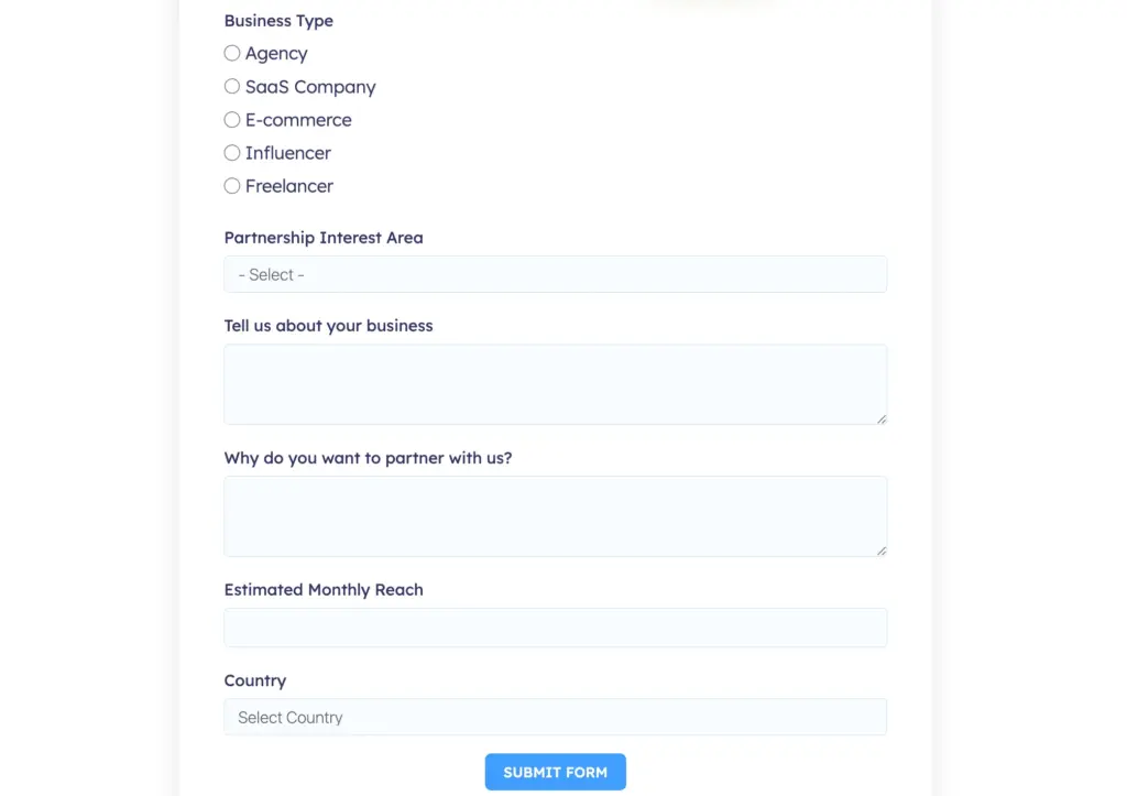 Fluent Forms partnership application form screenshot
