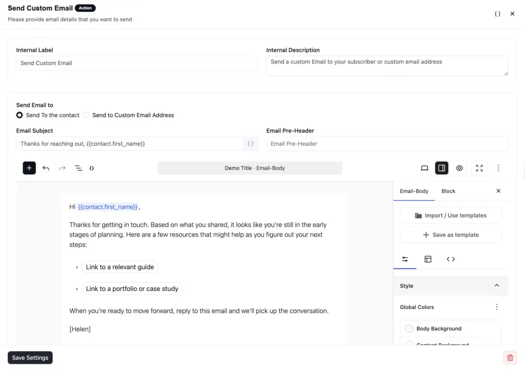Automation editor showing email draft.