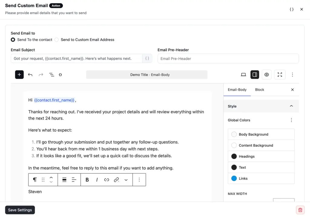 Automation editor showing the welcome email action with a sample subject line and body