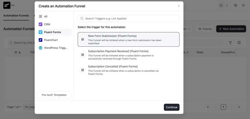 Automation trigger selection popup with “New Form Submission (Fluent Forms)” selected.