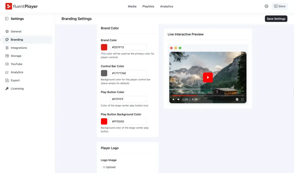 FluentPlayer Branding Settings with brand color, control bar color, play button colors, logo upload, and a live interactive player preview