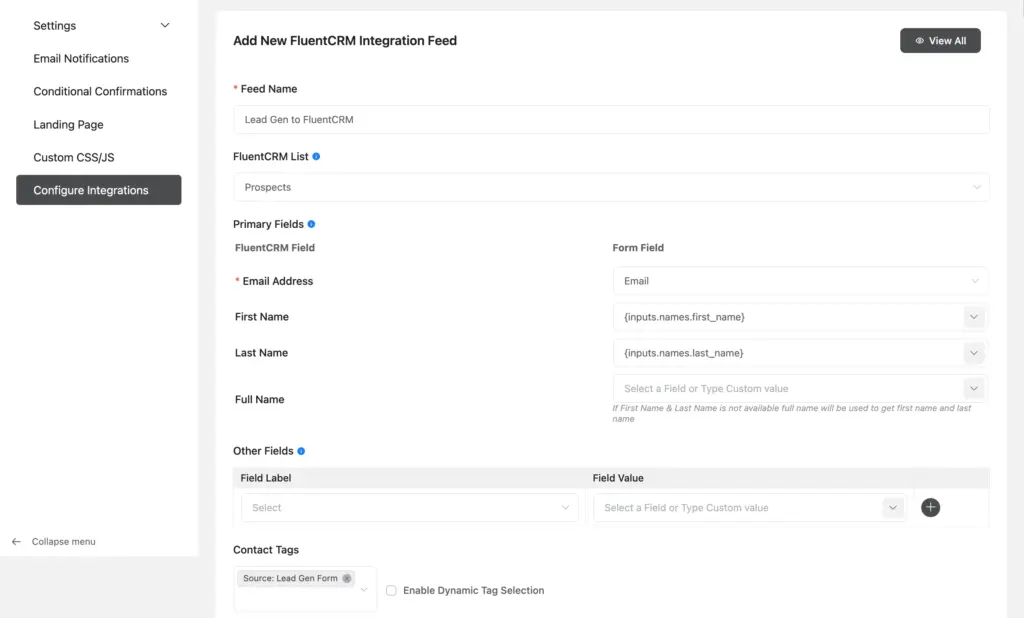 Completed FluentCRM feed for the lead gen form with tag and list selected.