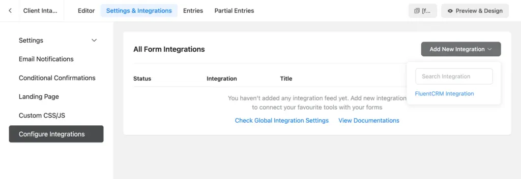 Configure Integration page showing the Add New Integration dropdown with FluentCRM Integration highlighted.