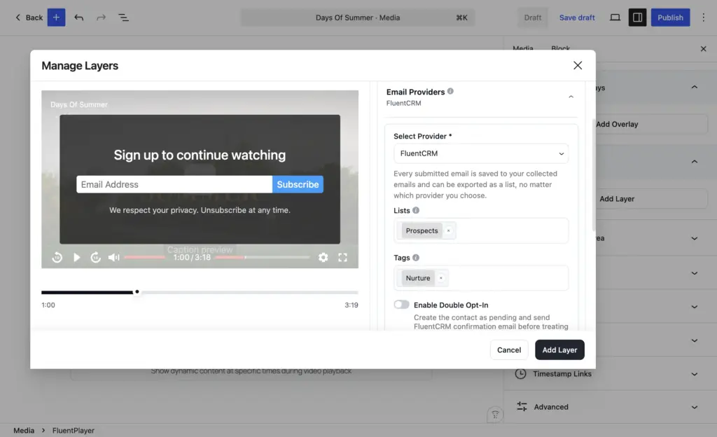 FluentPlayer email capture layer preview with a Sign up to continue watching overlay, email field, and Subscribe button, plus provider settings.