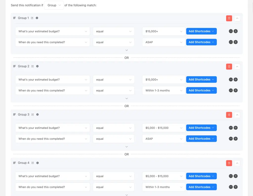 Feed configuration showing Tier-1 feed with conditional logic for budget and timeline.