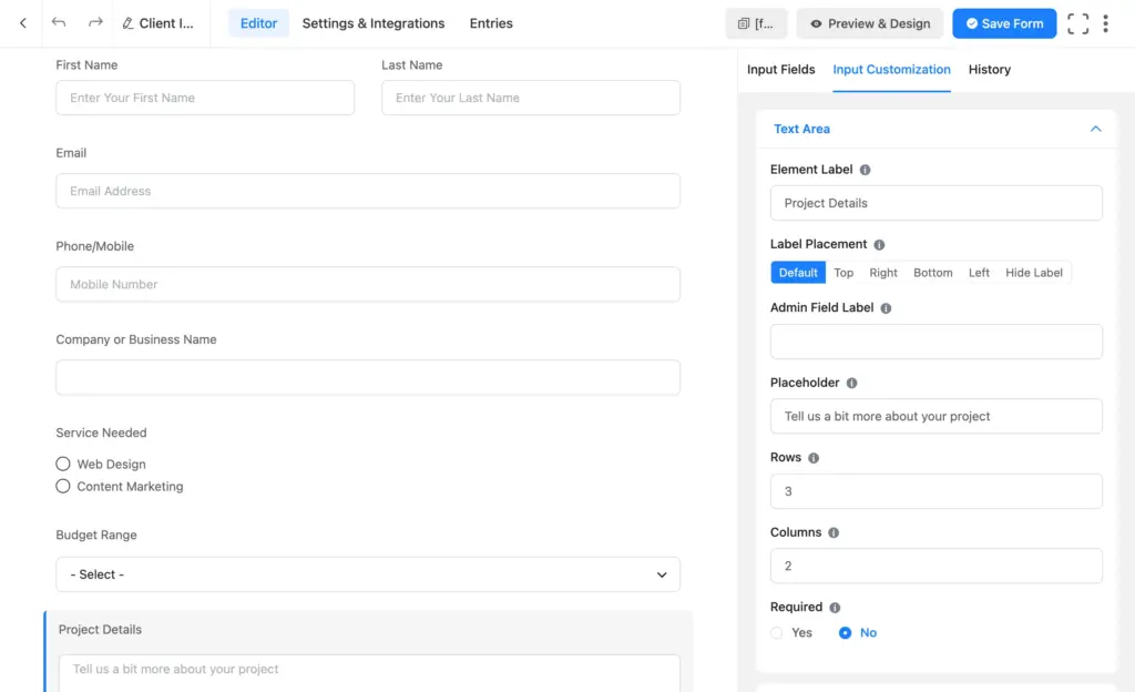 Fluent Forms editor showing a sample client intake form with the necessary fields.