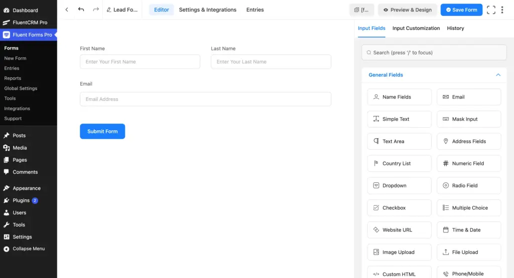 Fluent Forms editor showing a simple two-field lead gen form.