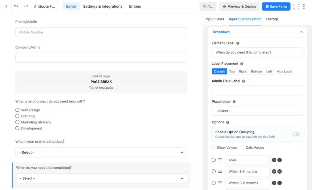 Fluent Forms editor showing the full quote request form with qualifying dropdowns.