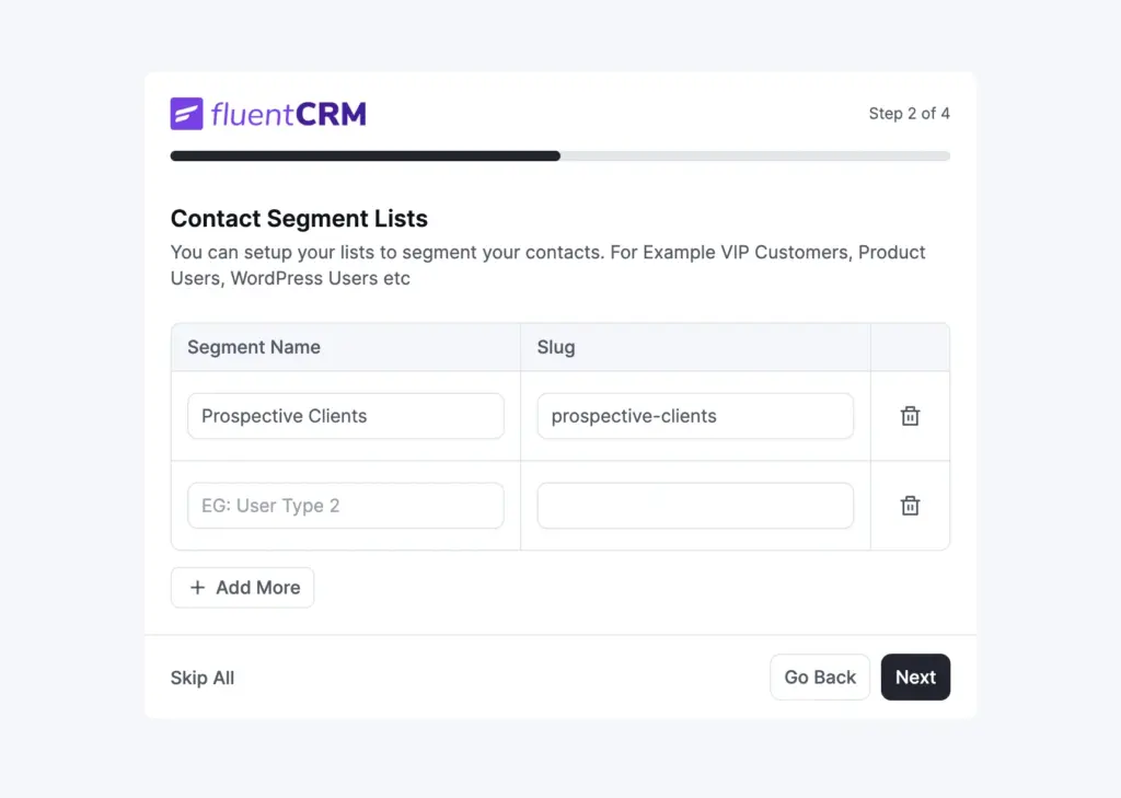 FluentCRM Contacts list creation