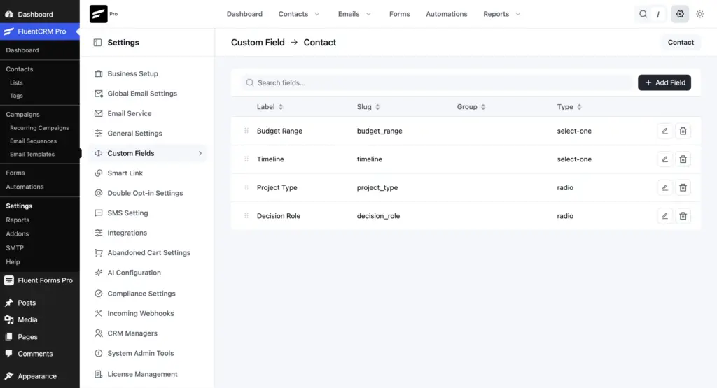 FluentCRM Custom Fields page showing all four fields created with their slugs (budget_range, timeline, project_type, decision_role).