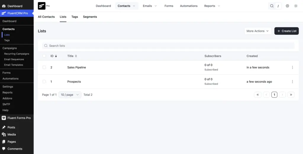 FluentCRM Lists page showing Prospects and Sales Pipeline.