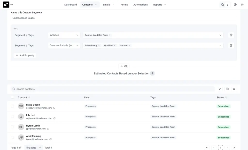 FluentCRM Segments page showing unprocessed leads.