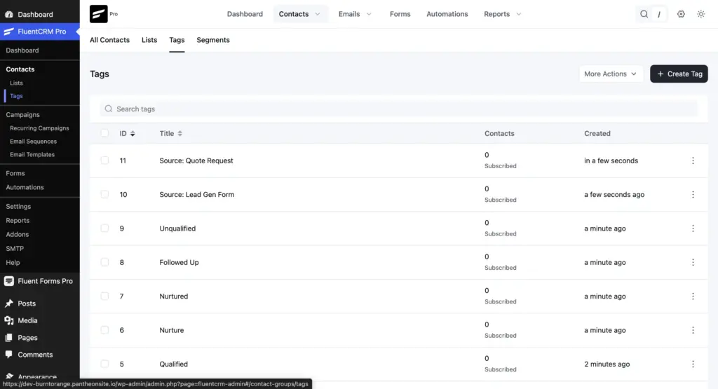 FluentCRM Tags page showing the title and status.