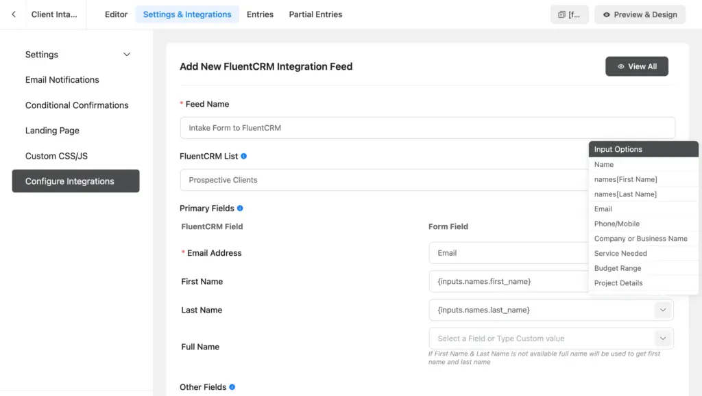 FluentCRM integration feed in Fluent Forms