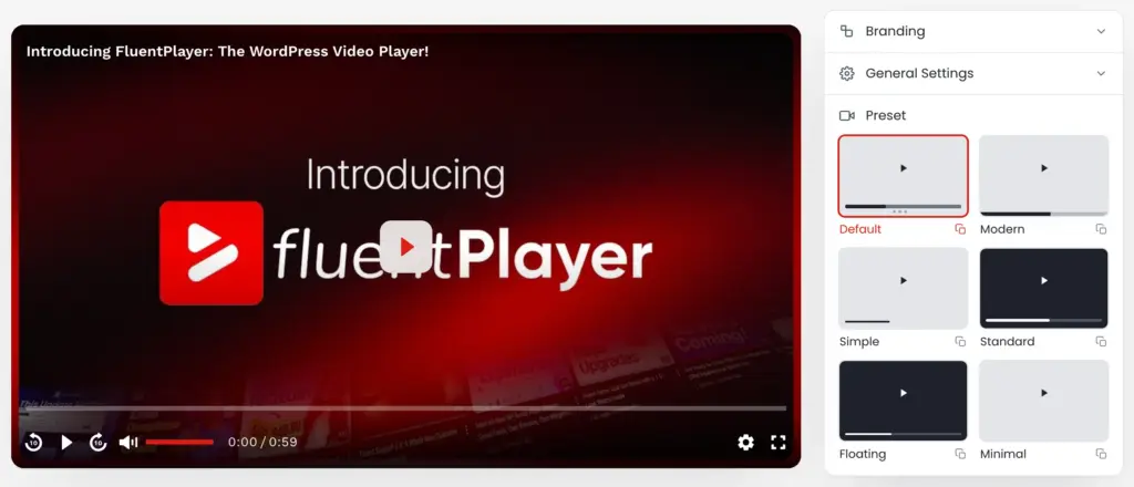 FluentPlayer Player Preset Grid Options