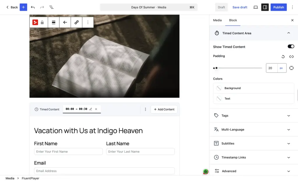 FluentPlayer Timed Content area showing a Fluent Forms registration form synced to a 00:00 to 00:30 range below the video.