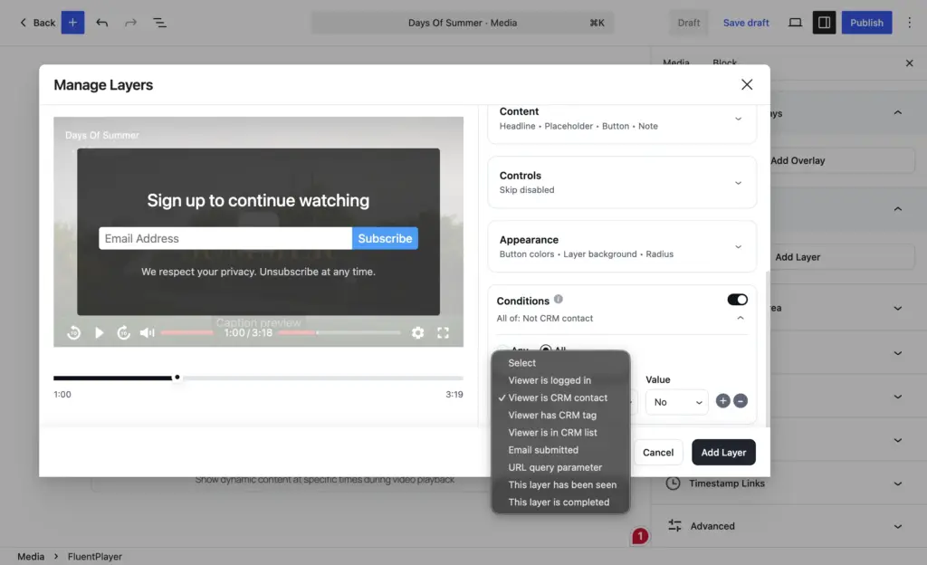 FluentPlayer conditional rules panel with a Field, Operator, Value row and options like Viewer is CRM contact.
