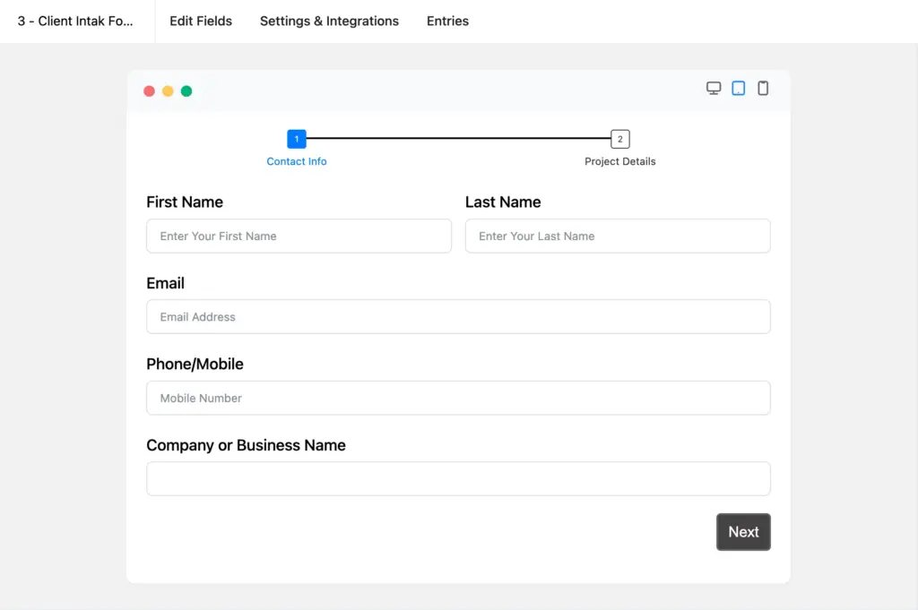 Multi-step form preview showing Step 1 (contact info) and Step 2 (project details).

