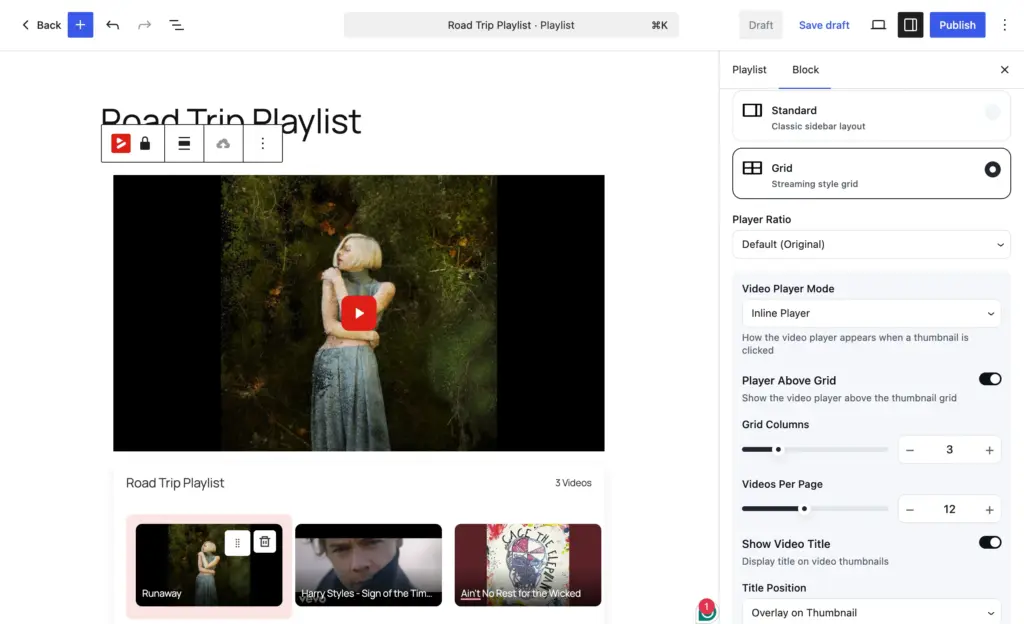 FluentPlayer playlist block with a Grid layout, three videos, and layout settings for columns, player mode, and titles.