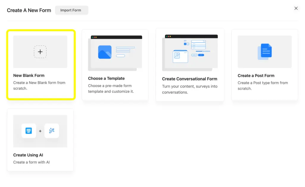 Create A New Form with Fluent Forms by adding a new blank form, choosing a template, creating a conversational form, or post form; create using AI as well.