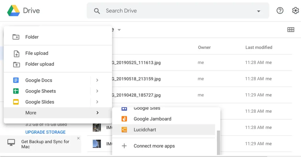 Google Drive Interface showing the options