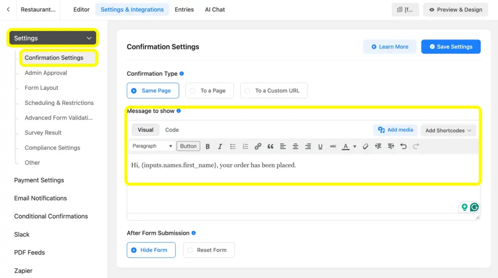 Set up confirmation and show the order summary as per your preference.
