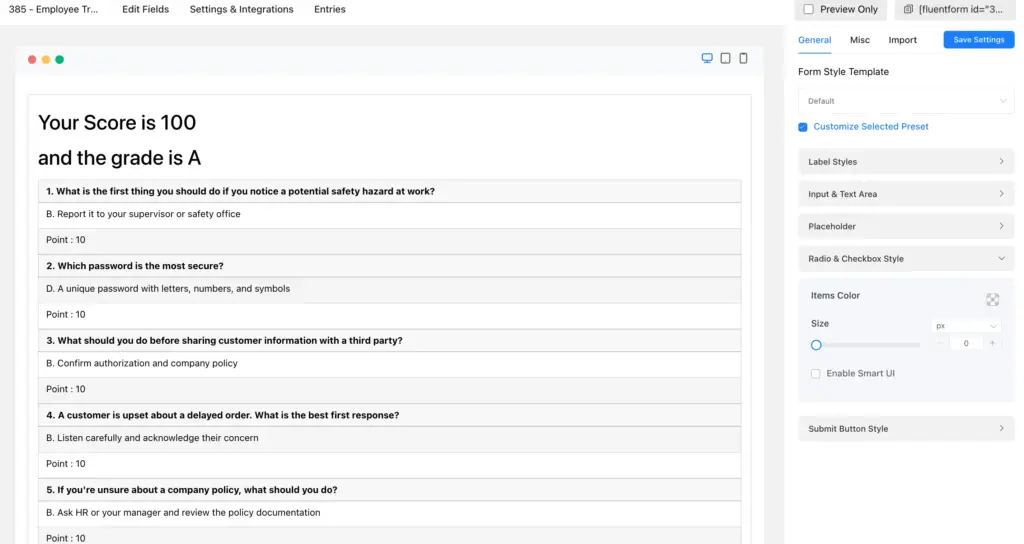 Check the preview of your quiz form to make sure the quiz works.