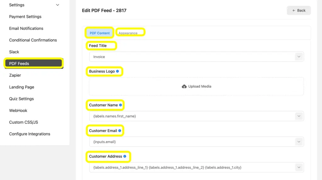 Edit the PDF feeds to make the PDF more tailored for your customer and make it a live invoice once an order is placed.
