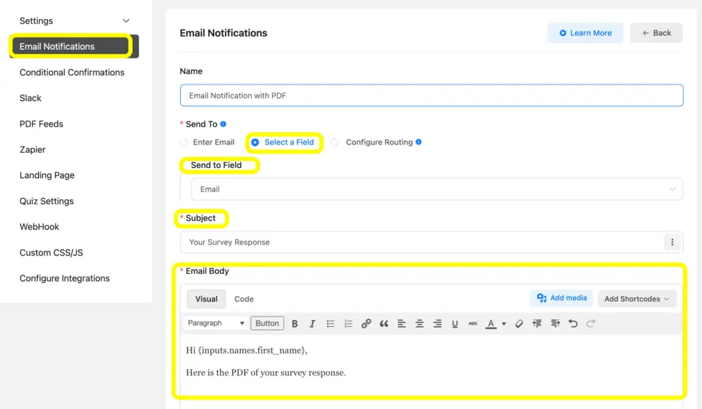 Add email notification and send the PDF to the user easily with Fluent Forms' email notifications settings.