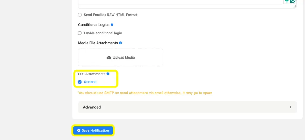 Add PDF attachments and save settings from the email notifications settings.