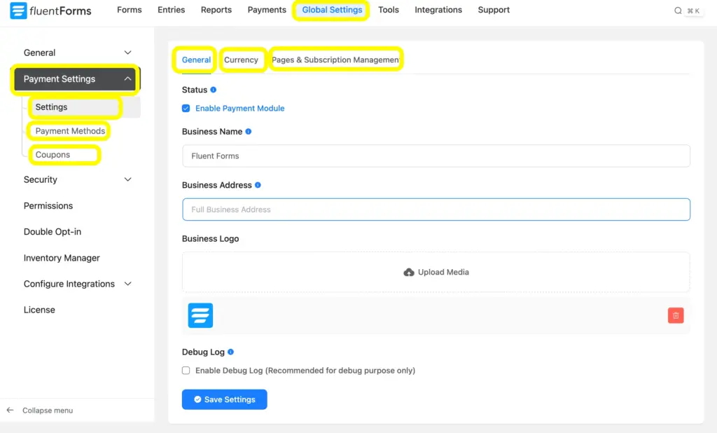 Go to the 'Global Settings' and choose 'Payment Settings' to set up the payment currency, pages, etc.
