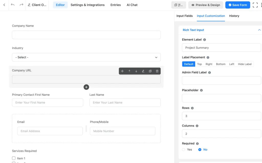 Easily add and customize form fields in Fluent Forms.