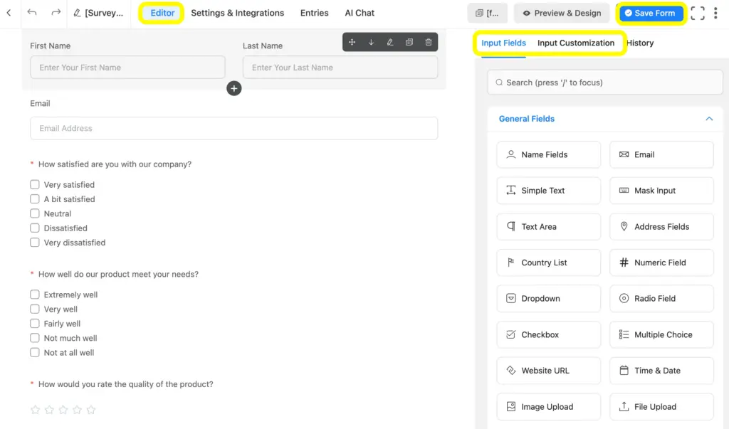 Easily add and customize Fluent Forms fields from the editor page.
