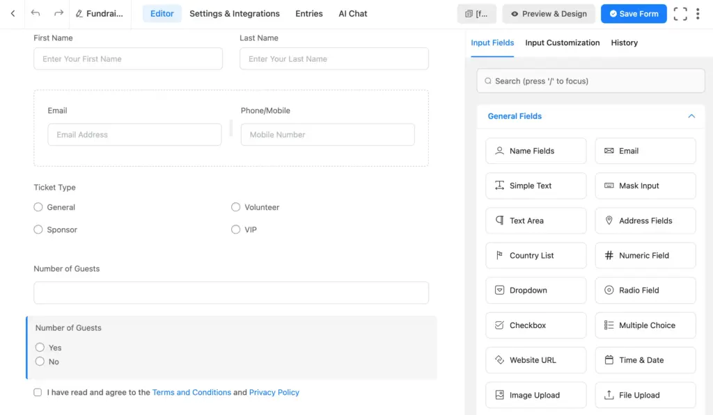 Add and customize the Fluent Forms fields and build your form accordingly.