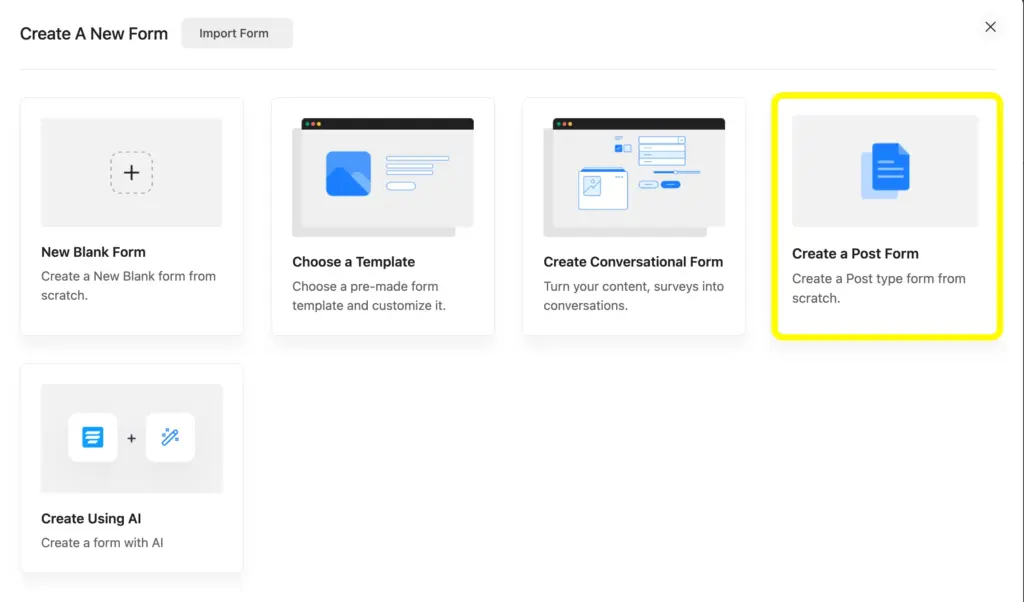 Select 'Create A Post Form' to accept user-generated content using Fluent Forms.