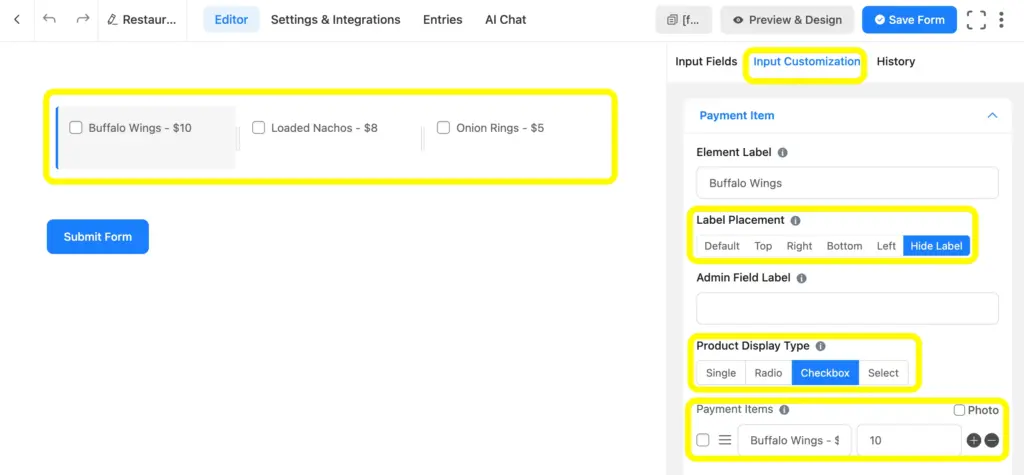 Add payment items to your order form and include the items to be sold.