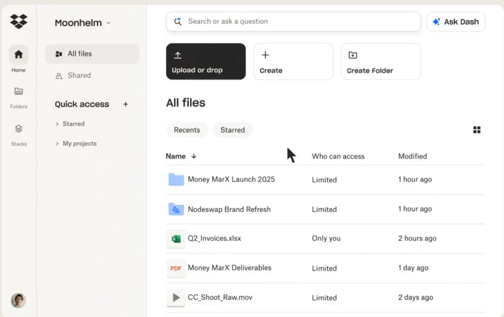Dropbox interface showing the options