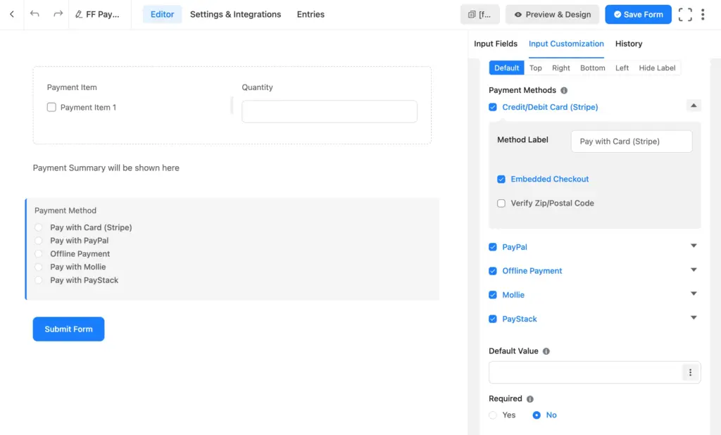 Accept multiple payment methods with Fluent Forms and provide options in one field.