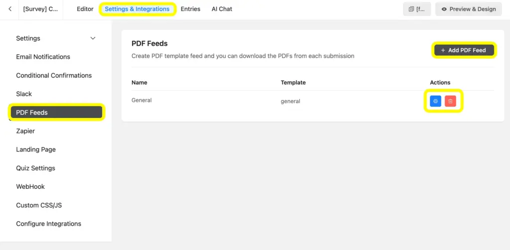 Add PDF feed to your form form the Settings and Integrations.