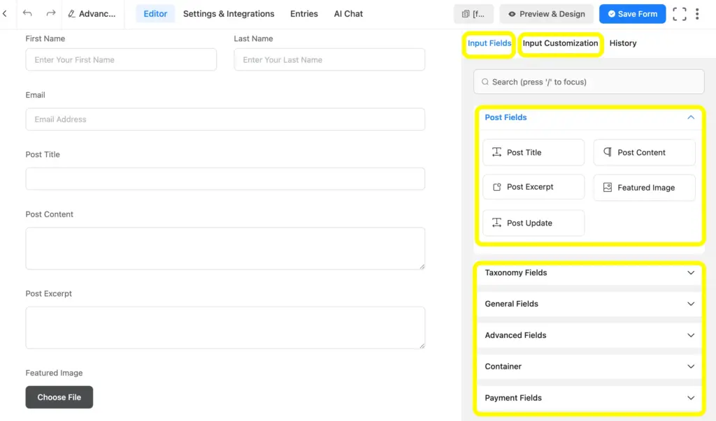 Use the Post Fields for the advanced post creation using Fluent Forms.