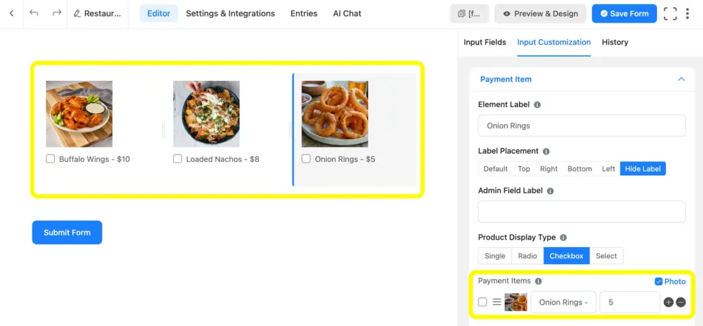 You can add phots of the payment items using Fluent Forms.